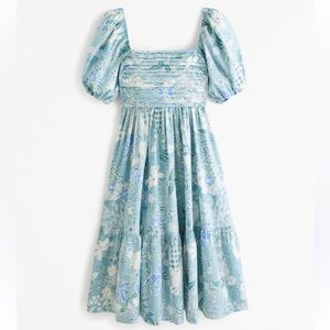 Abercrombie & Fitch Emerson Poplin Puff Sleeve Midi Dress Size Large Blue Floral
